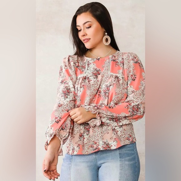 NWT Willow & Root Floral Boho Blouse SZ Large Pink Long Sleeve Peasant Top - Picture 3 of 5